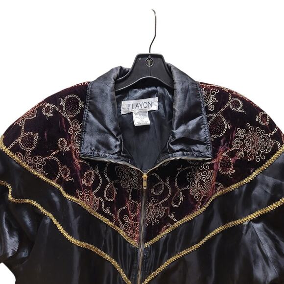 Vintage LAVON Windbreaker Jacket Women LARGE Velour Embroidered Gold cinched 90s - Picture 2 of 6